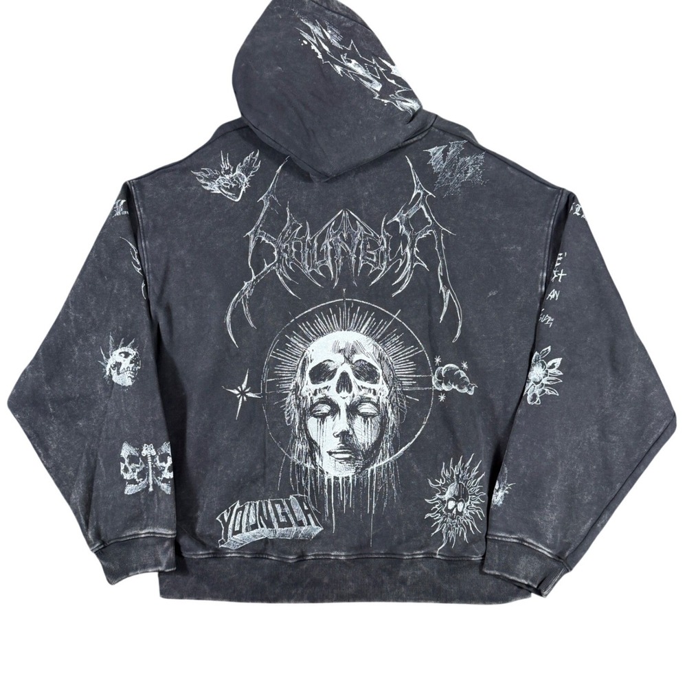 YoungLA Inked Zip Hoodie 5061 Black Goth Skull Men's XXL Cropped Heavyweight Gym